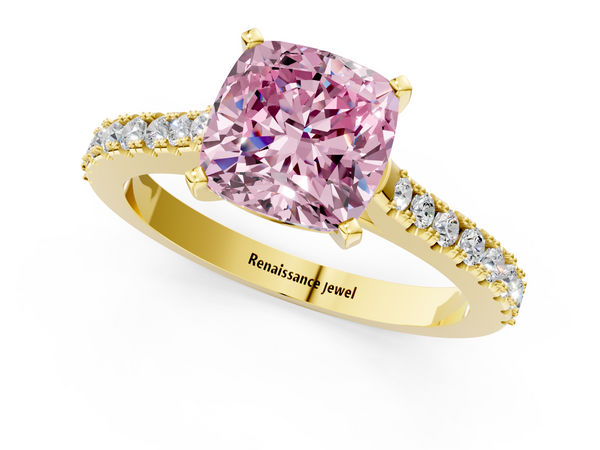 Yellow gold Fancy Pink Cushion  Cut Solitaire Diamond Engagement Ring with Pave Band and Four-Prong Setting
