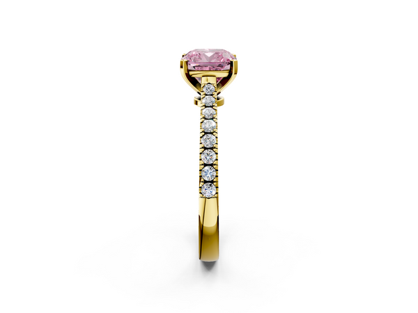 Yellow gold Fancy Pink Cushion  Cut Solitaire Diamond Engagement Ring with Pave Band and Four-Prong Setting
