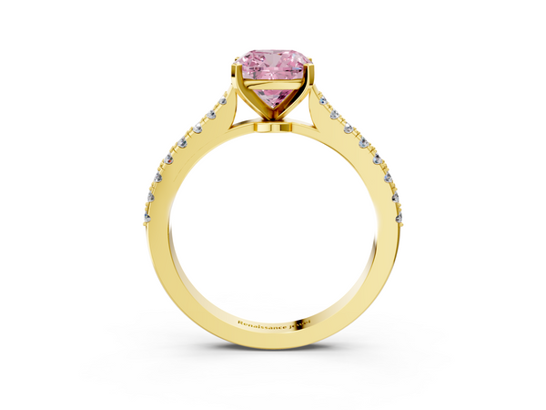 Yellow gold Fancy Pink Cushion  Cut Solitaire Diamond Engagement Ring with Pave Band and Four-Prong Setting