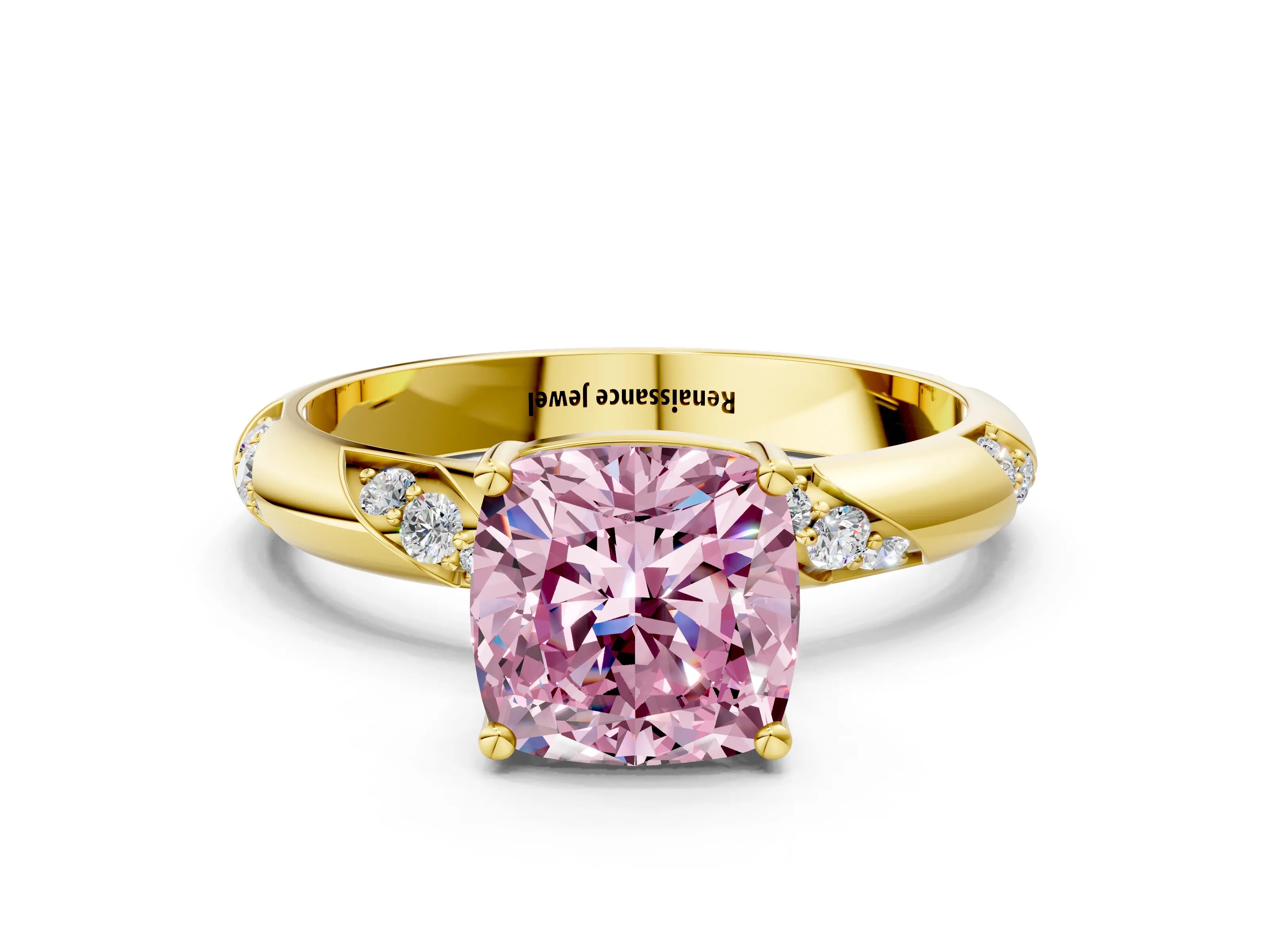 Yellow gold Fancy Pink Cushion Cut Solitaire Diamond Engagement Ring with Twisted Pave Band and Four-Prong Setting_3