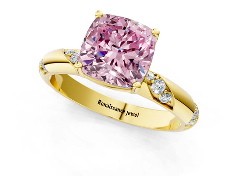 Yellow gold Fancy Pink Cushion Cut Solitaire Diamond Engagement Ring with Twisted Pave Band and Four-Prong Setting_4