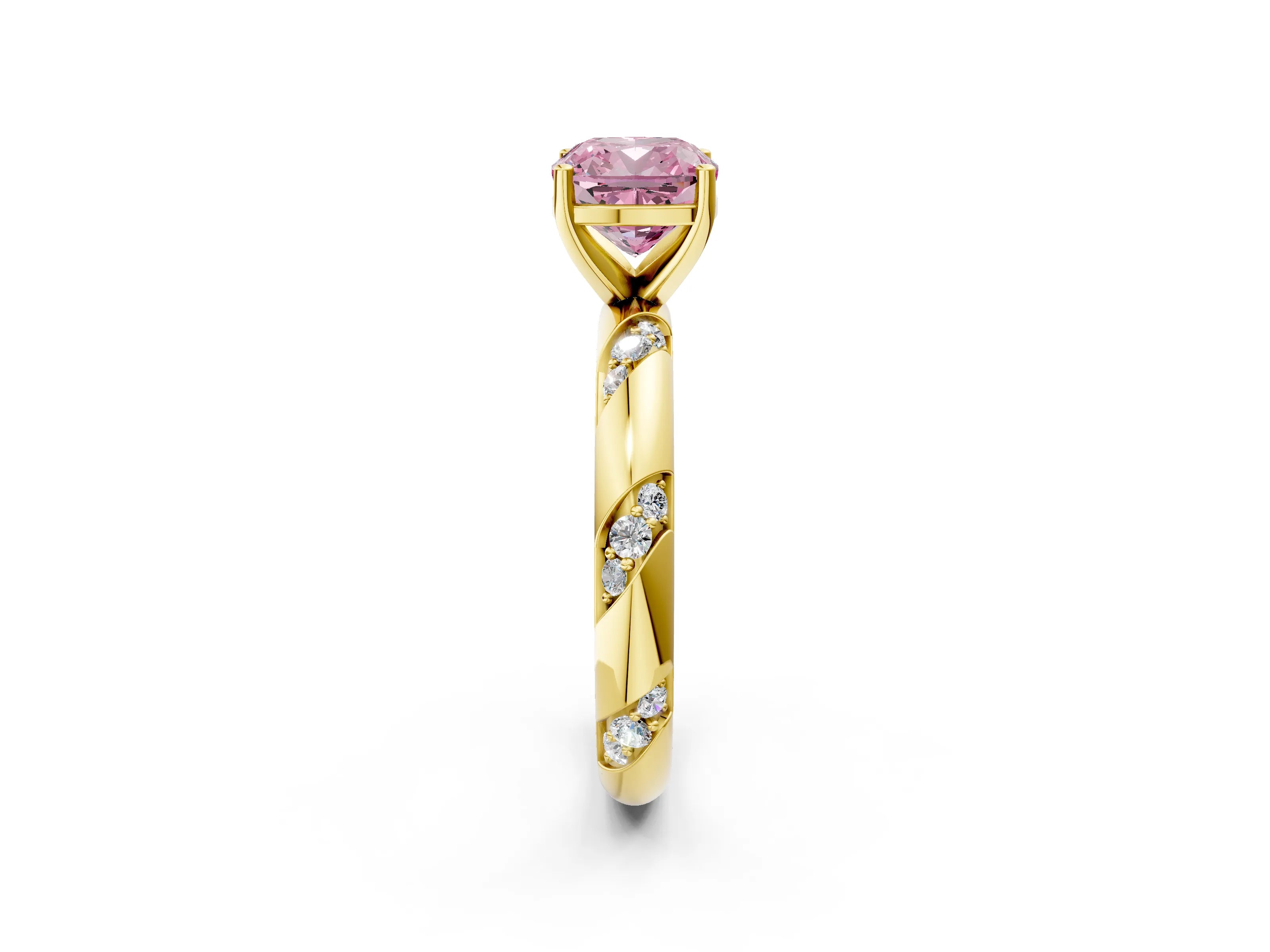 Yellow gold Fancy Pink Cushion Cut Solitaire Diamond Engagement Ring with Twisted Pave Band and Four-Prong Setting_5