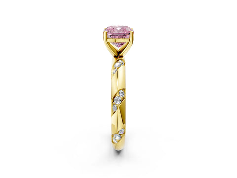 Yellow gold Fancy Pink Cushion Cut Solitaire Diamond Engagement Ring with Twisted Pave Band and Four-Prong Setting_5