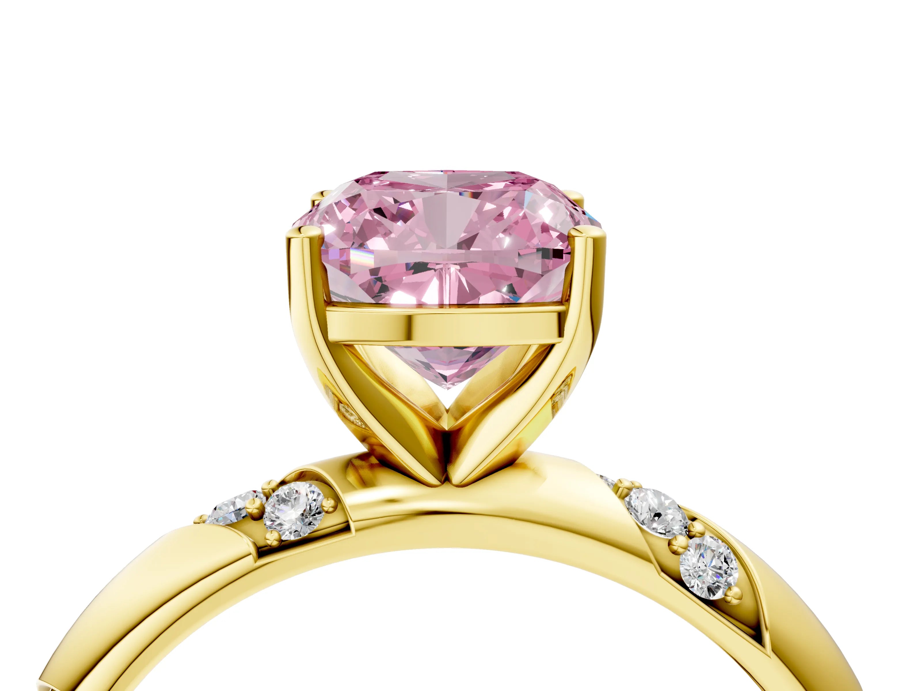 Yellow gold Fancy Pink Cushion Cut Solitaire Diamond Engagement Ring with Twisted Pave Band and Four-Prong Setting_7