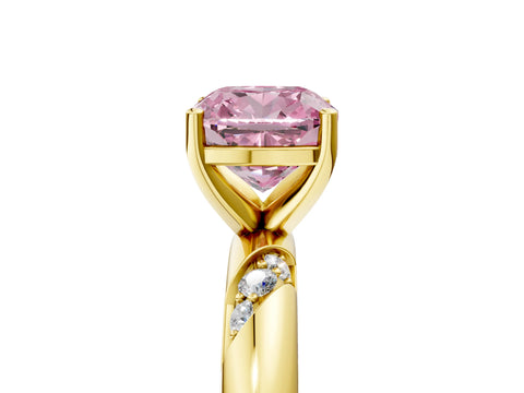 Yellow gold Fancy Pink Cushion Cut Solitaire Diamond Engagement Ring with Twisted Pave Band and Four-Prong Setting_8