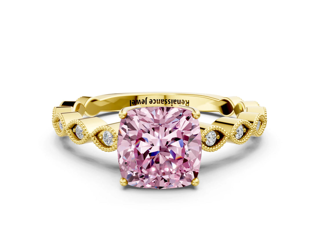 Yellow gold Fancy Pink Cushion Cut Solitaire Diamond Ring with Infinity Twist Band and Four-Prong Setting_12