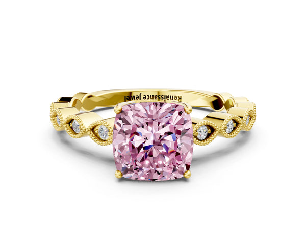 Yellow gold Fancy Pink Cushion Cut Solitaire Diamond Ring with Infinity Twist Band and Four-Prong Setting