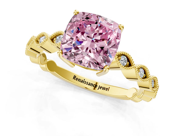 Yellow gold Fancy Pink Cushion Cut Solitaire Diamond Ring with Infinity Twist Band and Four-Prong Setting