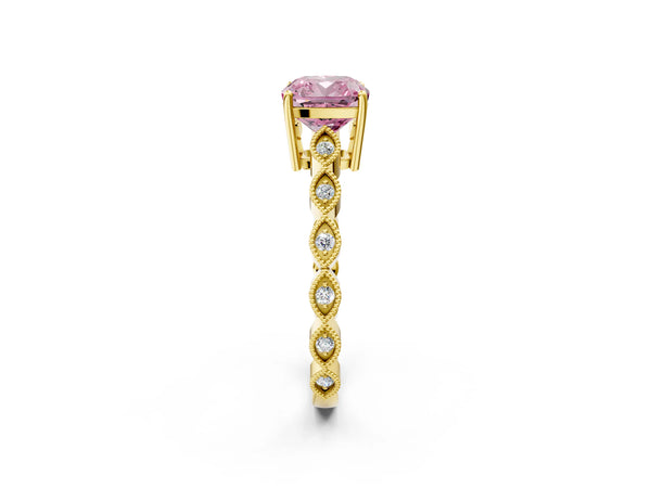 Yellow gold Fancy Pink Cushion Cut Solitaire Diamond Ring with Infinity Twist Band and Four-Prong Setting