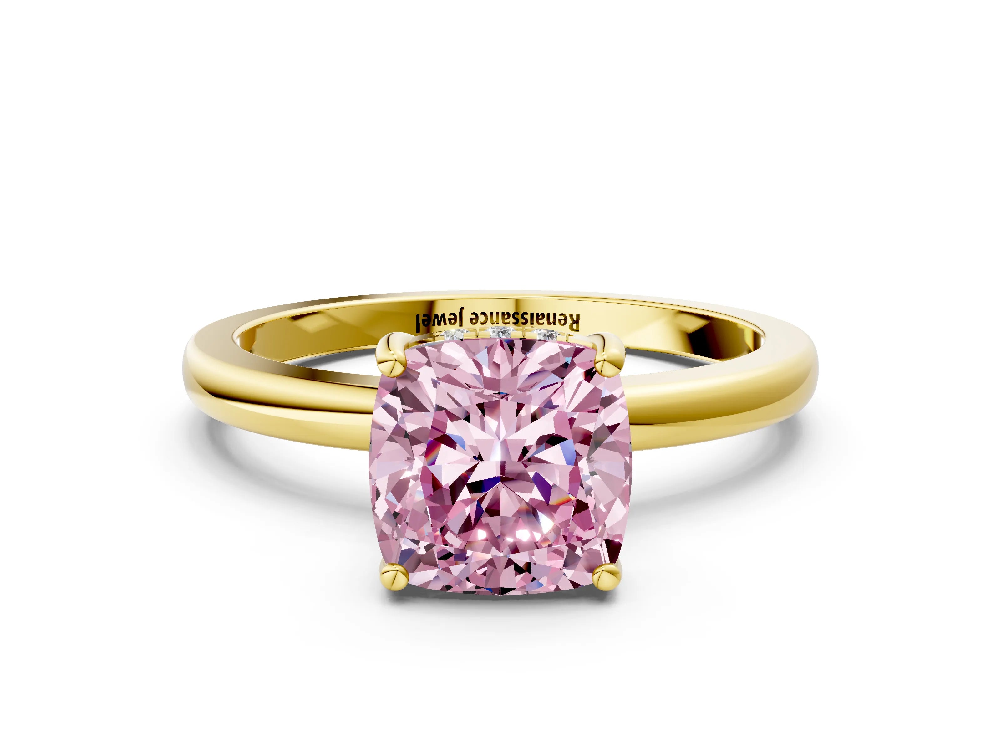 Yellow gold Fancy Pink Cushion Cut Solitaire Diamond Ring with Prong Setting and Plain Band