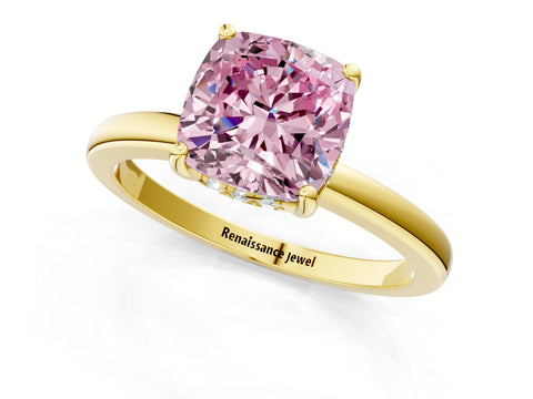 Yellow gold Fancy Pink Cushion Cut Solitaire Diamond Ring with Prong Setting and Plain Band_1
