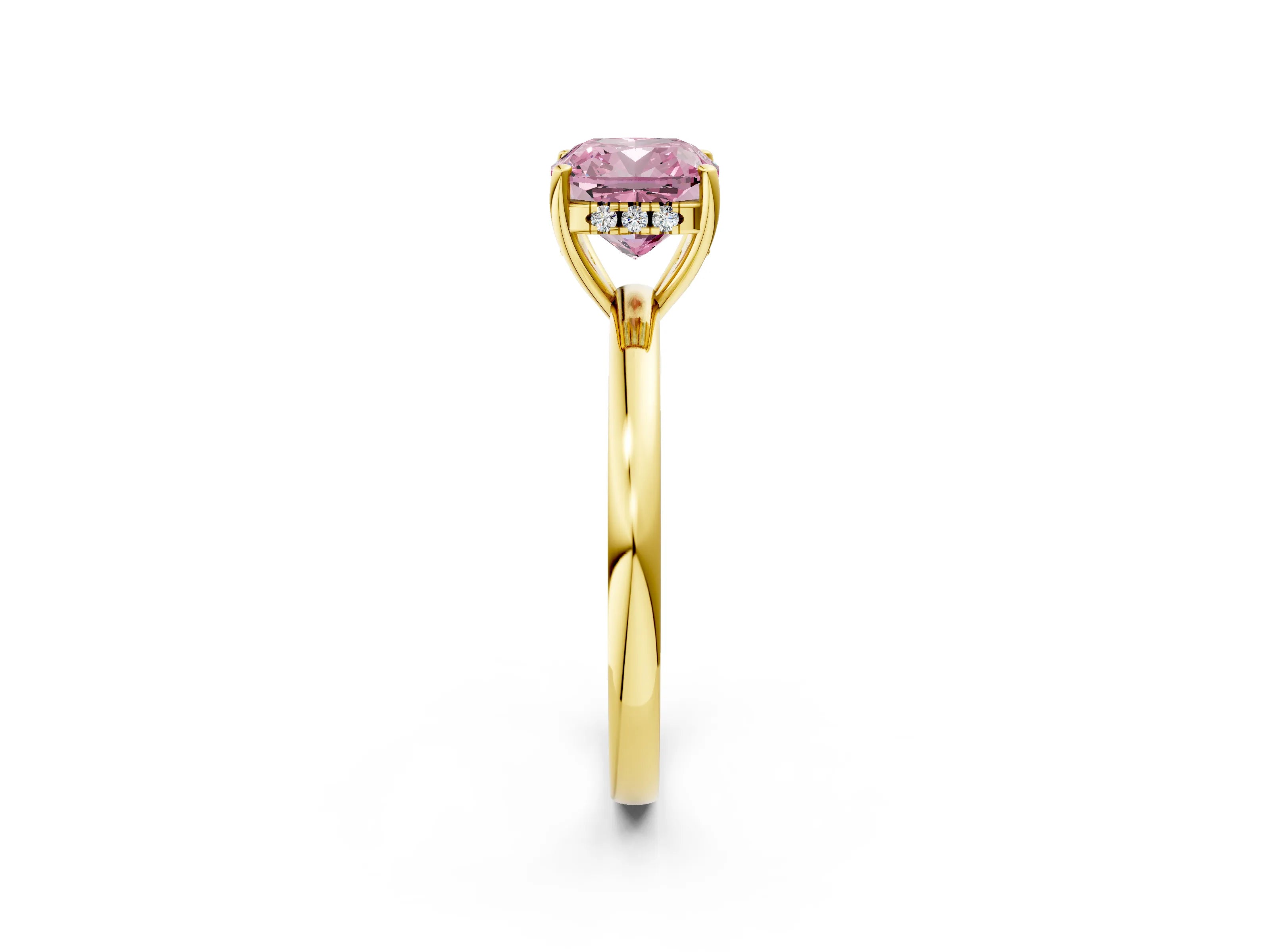 Yellow gold Fancy Pink Cushion Cut Solitaire Diamond Ring with Prong Setting and Plain Band_2