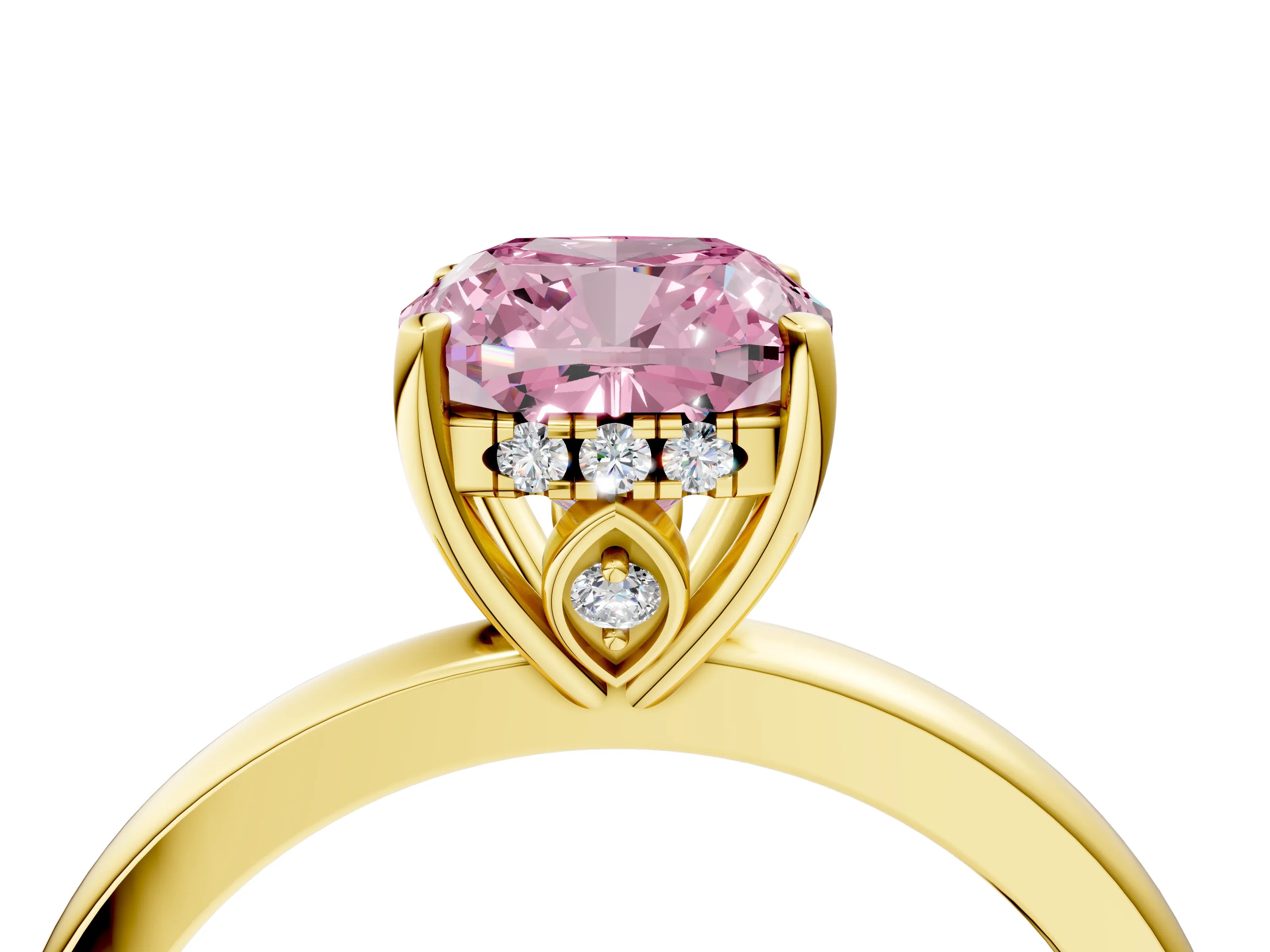 Yellow gold Fancy Pink Cushion Cut Solitaire Diamond Ring with Prong Setting and Plain Band_4