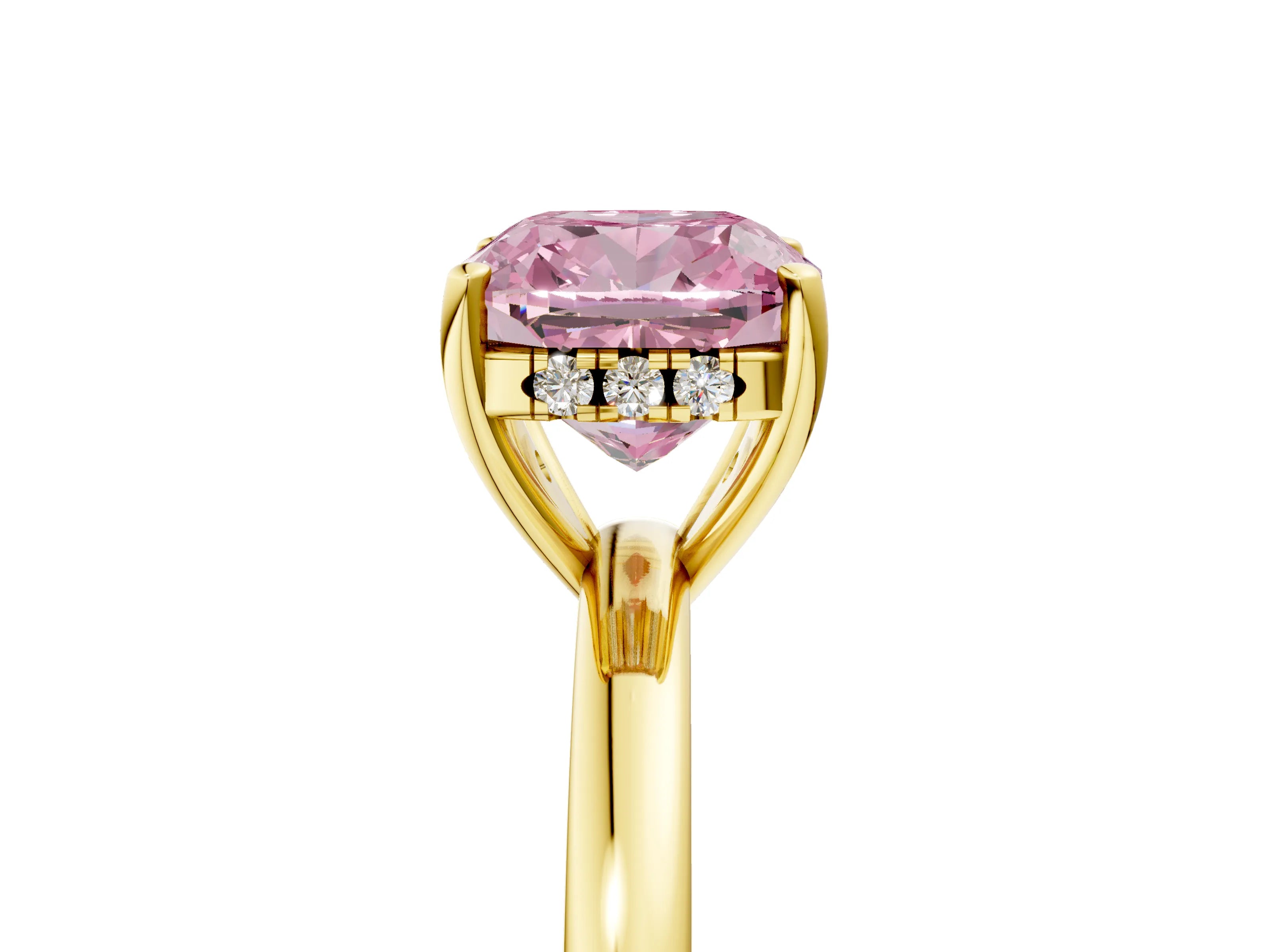 Yellow gold Fancy Pink Cushion Cut Solitaire Diamond Ring with Prong Setting and Plain Band_5