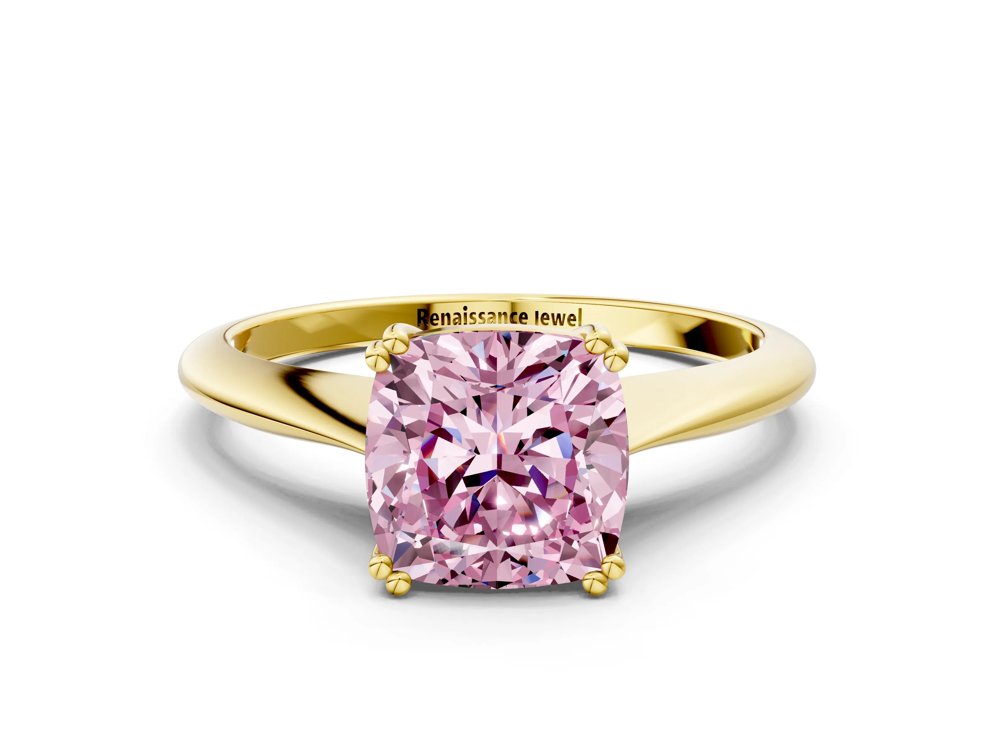 Yellow gold Fancy Pink Cushion Cut Solitaire Diamond Ring with Six-Prong Setting and Classic Band