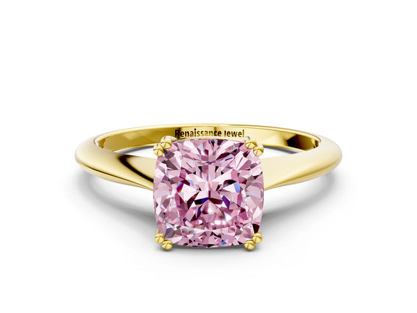 Yellow gold Fancy Pink Cushion Cut Solitaire Diamond Ring with Six-Prong Setting and Classic Band