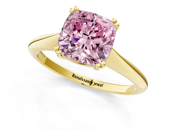Yellow gold Fancy Pink Cushion Cut Solitaire Diamond Ring with Six-Prong Setting and Classic Band