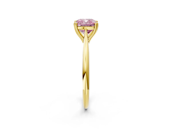 Yellow gold Fancy Pink Cushion Cut Solitaire Diamond Ring with Six-Prong Setting and Classic Band