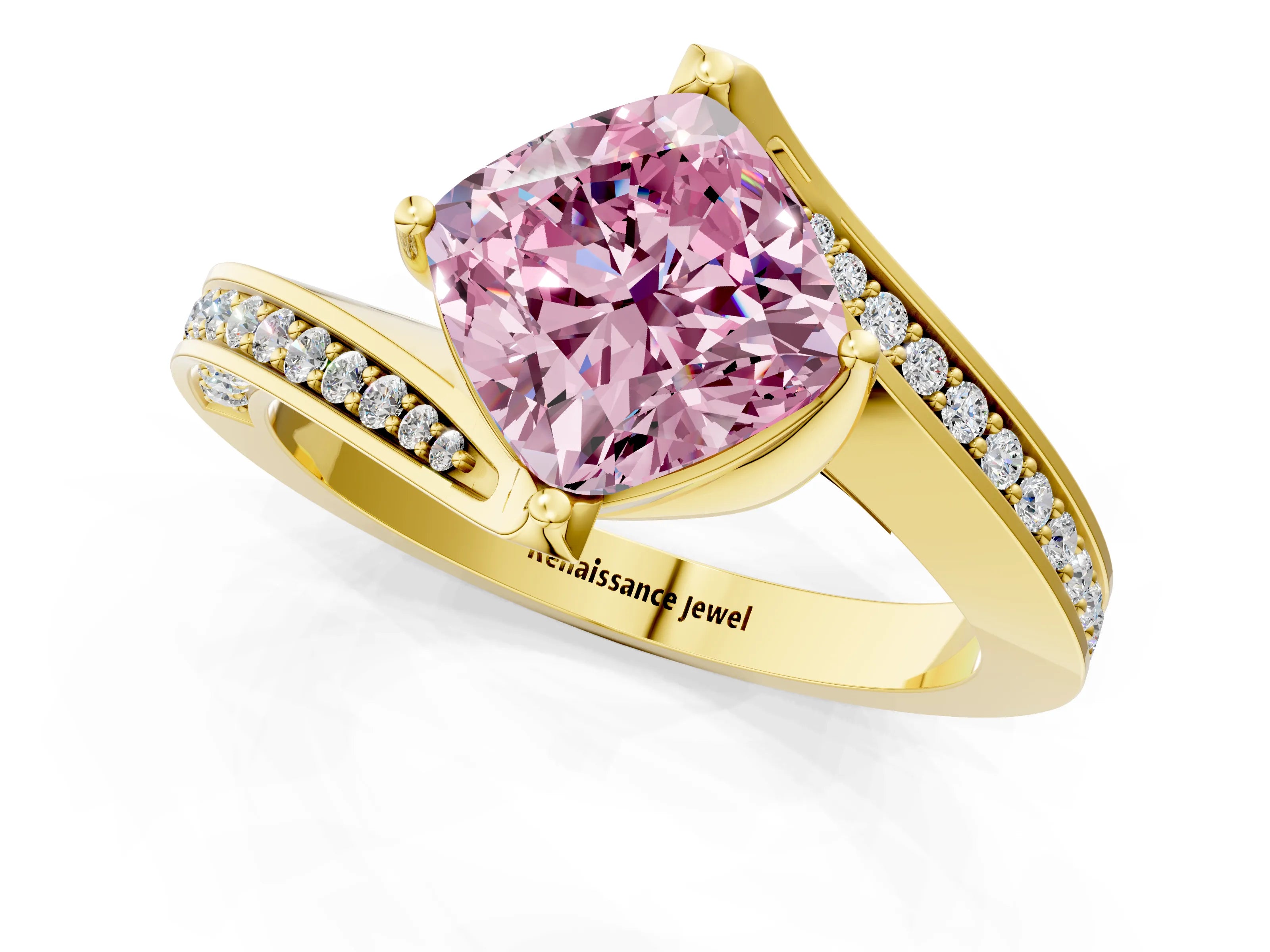 Yellow gold Fancy Pink Cushion Cut Solitaire Diamond Twist Band with Pavé Setting and Four-Prong Setting_1