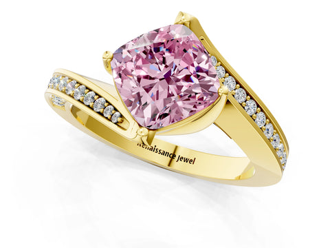 Yellow gold Fancy Pink Cushion Cut Solitaire Diamond Twist Band with Pavé Setting and Four-Prong Setting_1