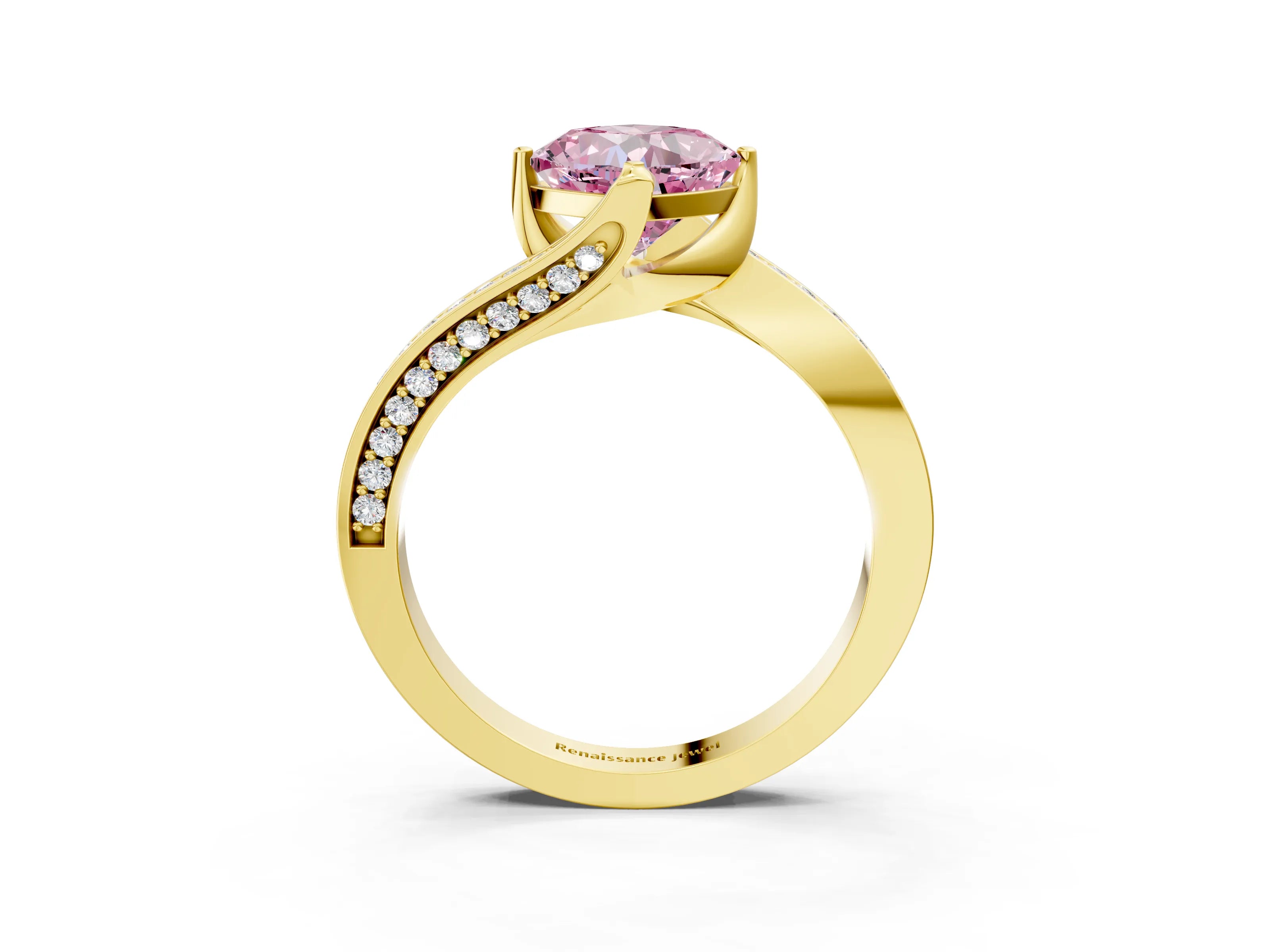 Yellow gold Fancy Pink Cushion Cut Solitaire Diamond Twist Band with Pavé Setting and Four-Prong Setting_3
