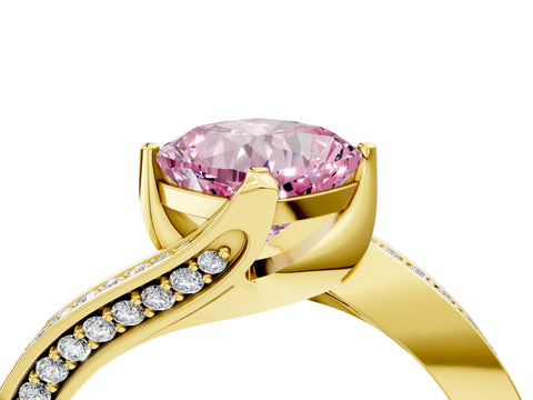 Yellow gold Fancy Pink Cushion Cut Solitaire Diamond Twist Band with Pavé Setting and Four-Prong Setting_4
