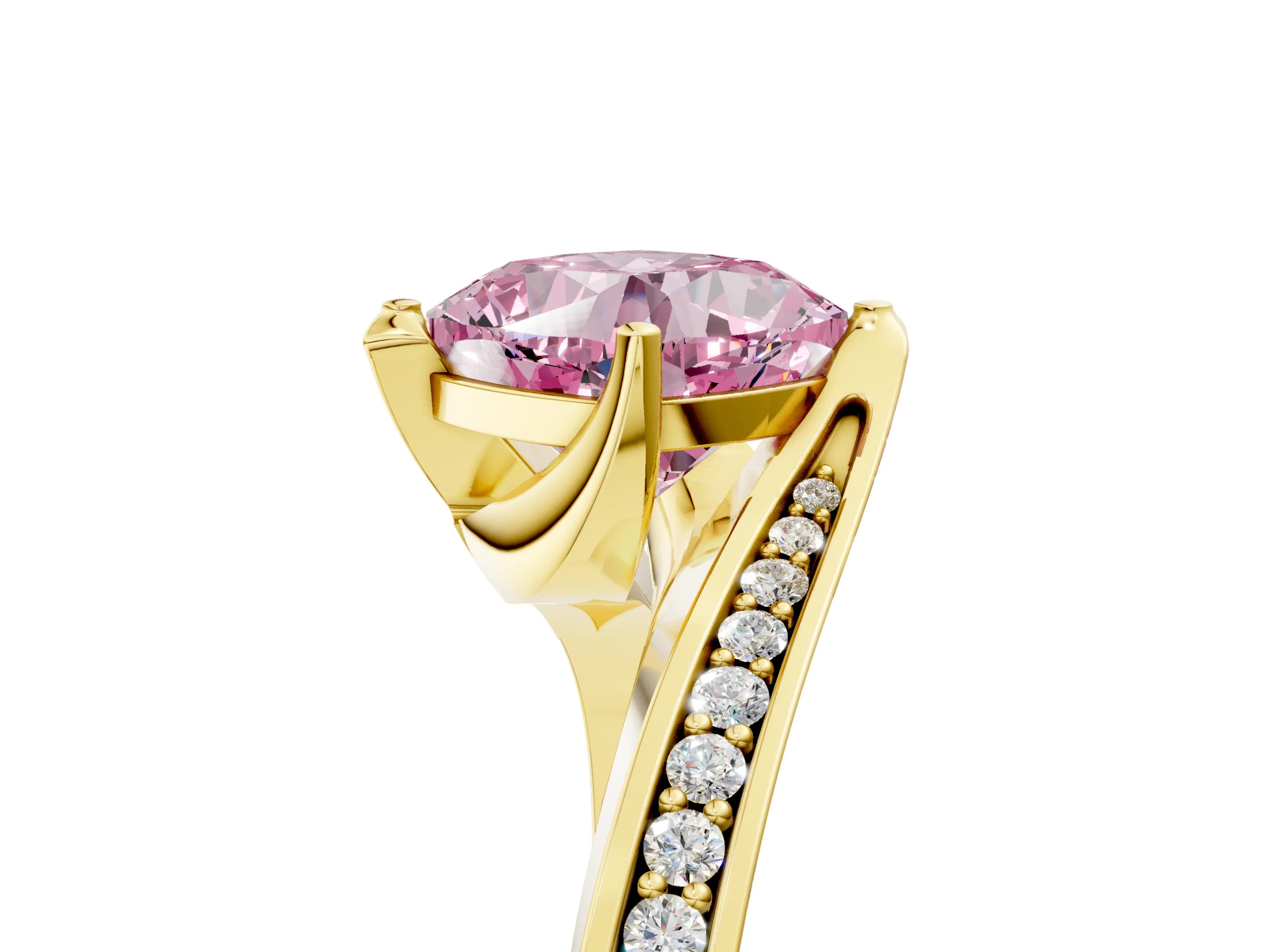 Yellow gold Fancy Pink Cushion Cut Solitaire Diamond Twist Band with Pavé Setting and Four-Prong Setting_5