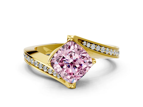 Yellow gold Fancy Pink Cushion Cut Solitaire Diamond Twist Band with Pavé Setting and Four-Prong Setting