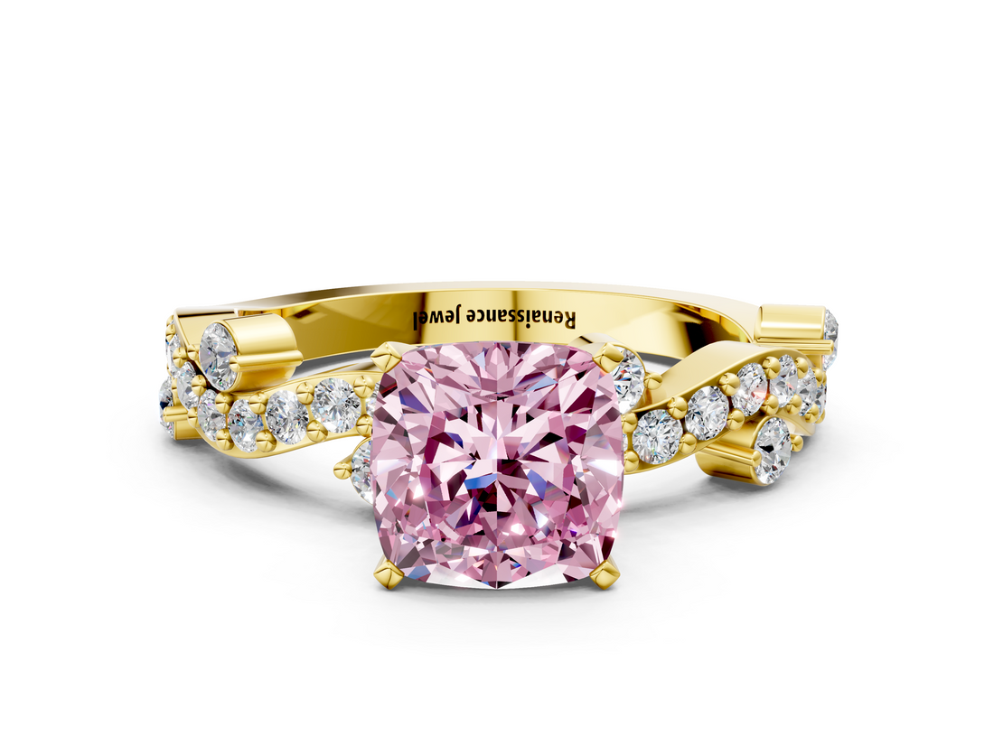 Yellow gold Fancy Pink Cushion  Cut Solitaire Diamond Twisted Band with Pave Setting_48