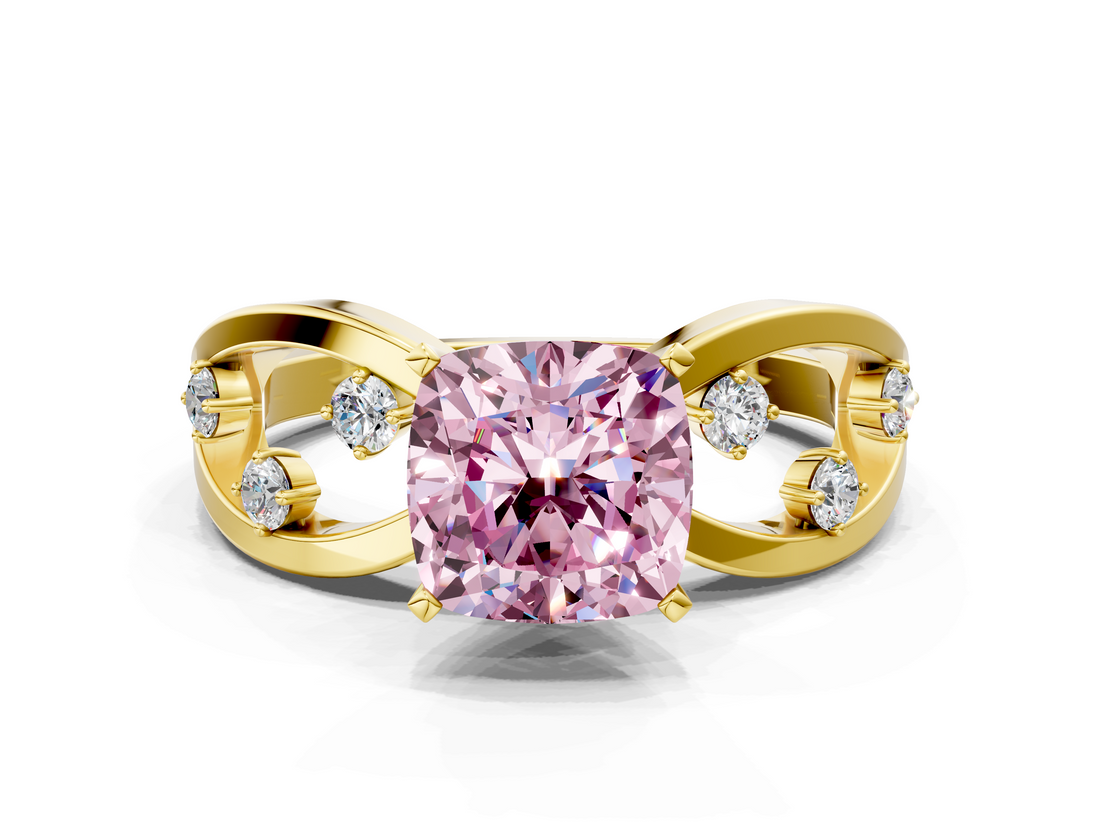 Yellow gold Fancy Pink Cushion  Cut Solitaire Diamond with Side Stones on Criss-Cross Band and Four-Prong Setting_3