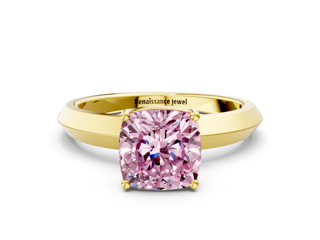 Yellow gold Fancy Pink Cushion  Cut Solitaire Engagement Ring with Flat Band and Four-Prong Setting 1