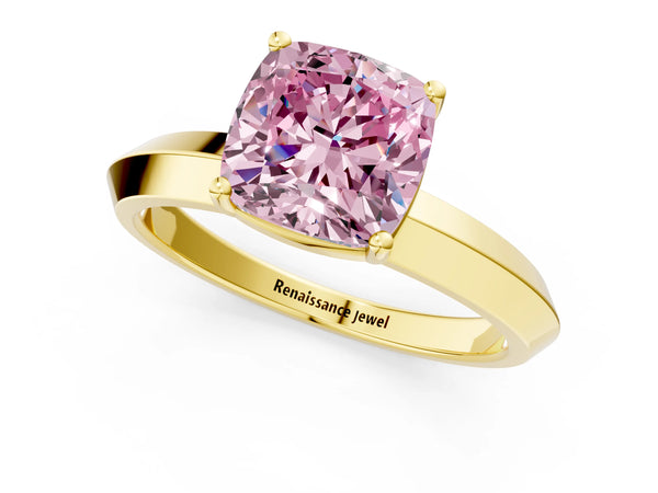 Yellow gold Fancy Pink Cushion  Cut Solitaire Engagement Ring with Flat Band and Four-Prong Setting