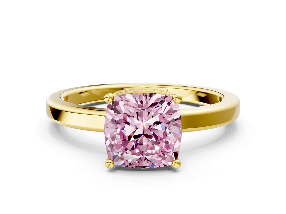 Yellow gold Fancy Pink Cushion  Cut Solitaire Engagement Ring with Four-Prong Setting on a Classic Band_14