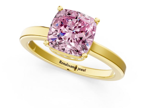 Yellow gold Fancy Pink Cushion  Cut Solitaire Engagement Ring with Four-Prong Setting on a Classic Band
