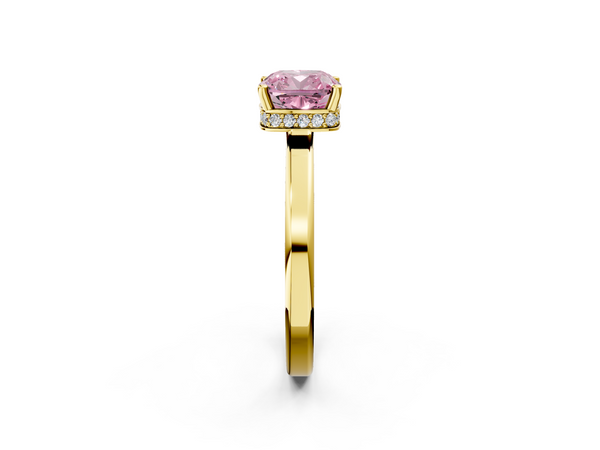 Yellow gold Fancy Pink Cushion  Cut Solitaire Engagement Ring with Four-Prong Setting on a Classic Band