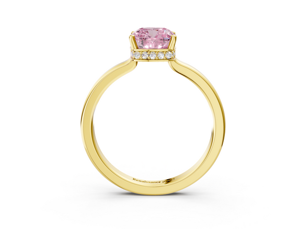 Yellow gold Fancy Pink Cushion  Cut Solitaire Engagement Ring with Four-Prong Setting on a Classic Band