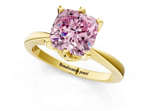 Yellow gold Fancy Pink Cushion Cut Solitaire Engagement Ring with Six-Prong Setting and Tapered Band_1