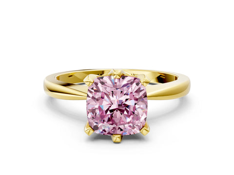 Yellow gold Fancy Pink Cushion Cut Solitaire Engagement Ring with Six-Prong Setting and Tapered Band