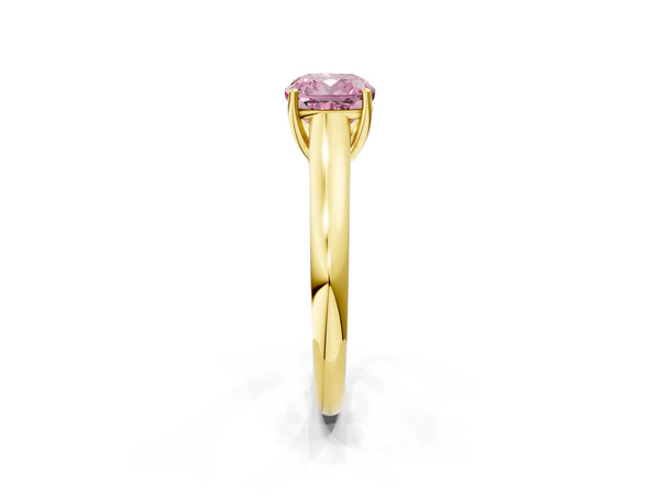Yellow gold Fancy Pink Cushion Cut Solitaire Engagement Ring with Tapered Band and Four-Prong Setting