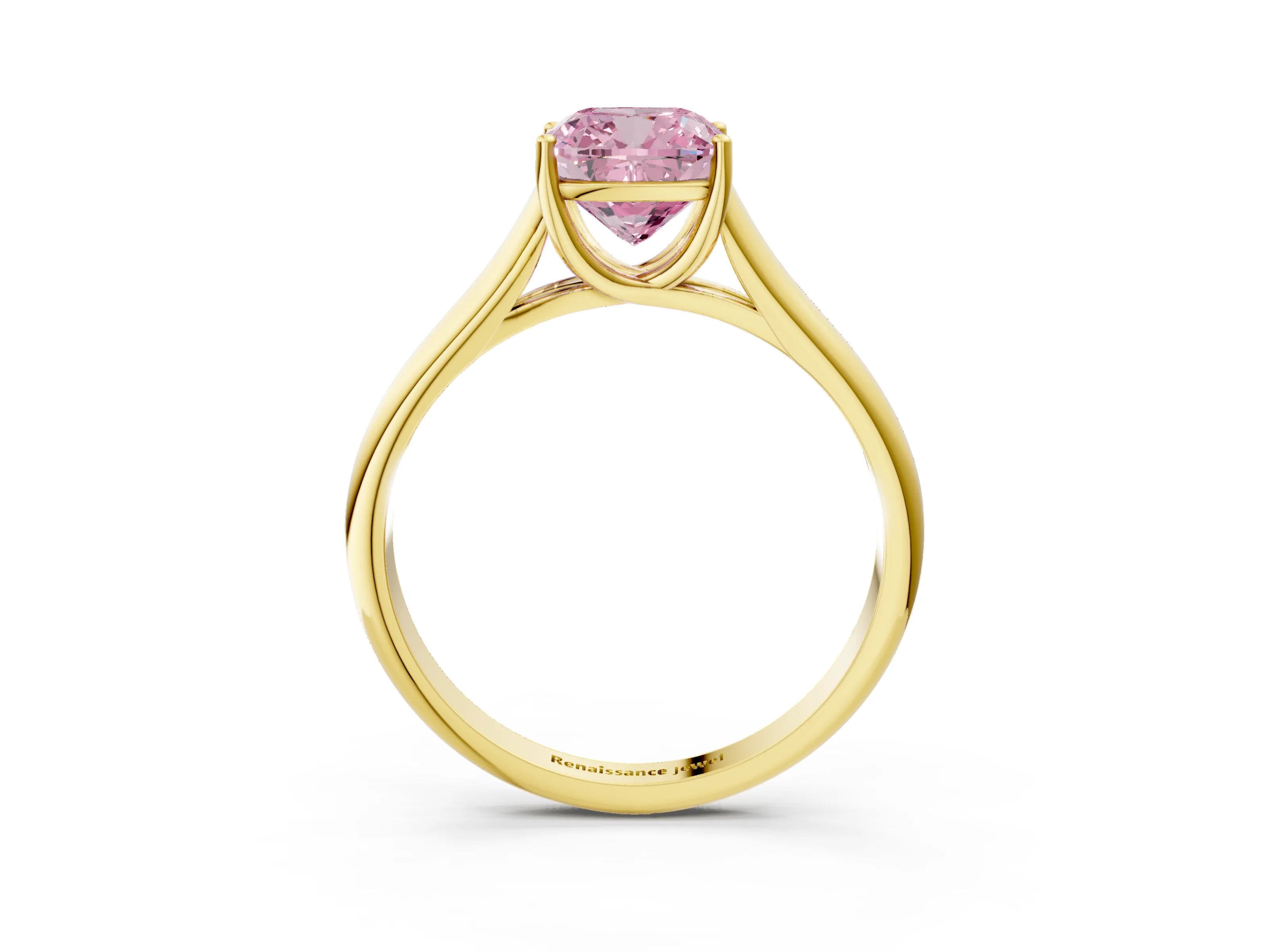 Yellow gold Fancy Pink Cushion Cut Solitaire Engagement Ring with Tapered Band and Four-Prong Setting_6
