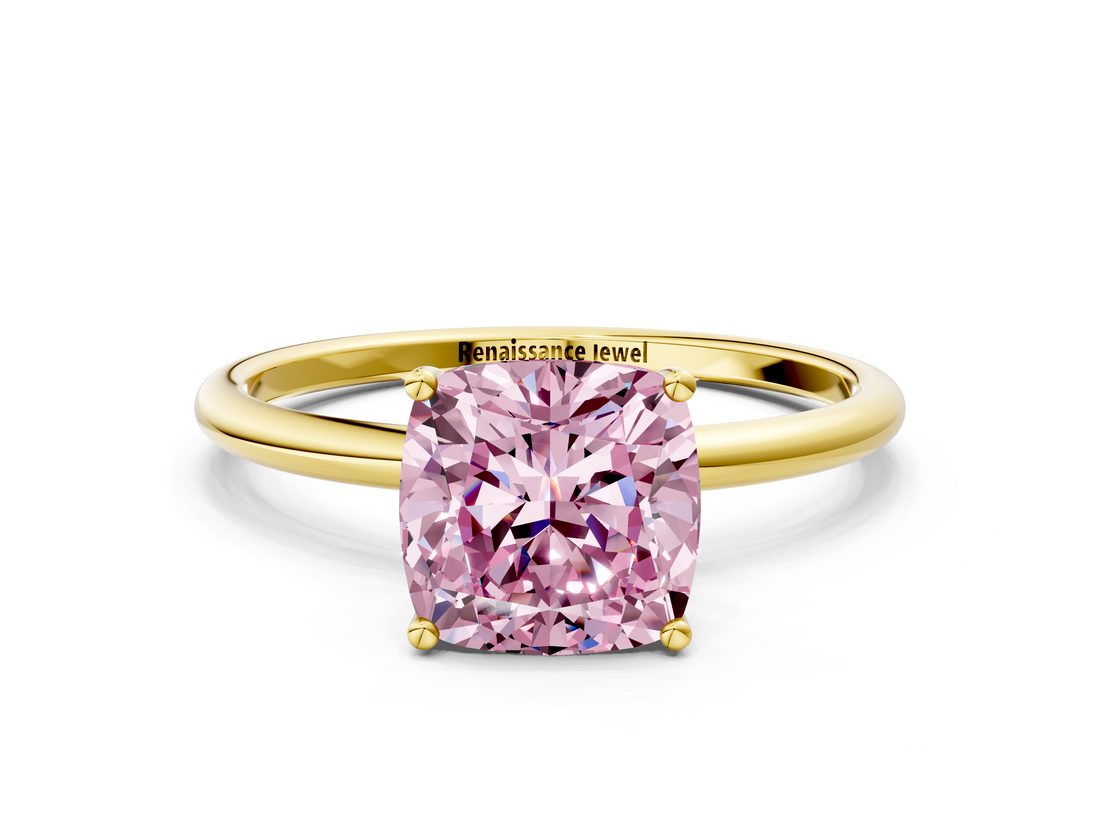 Yellow gold Fancy Pink Cushion  Cut Solitaire Engagement Ring with Thin Band and Four-Prong Setting_3