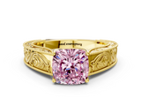 Yellow gold Fancy Pink Cushion  Cut Solitaire Engraved Band with Four-Prong Setting_61