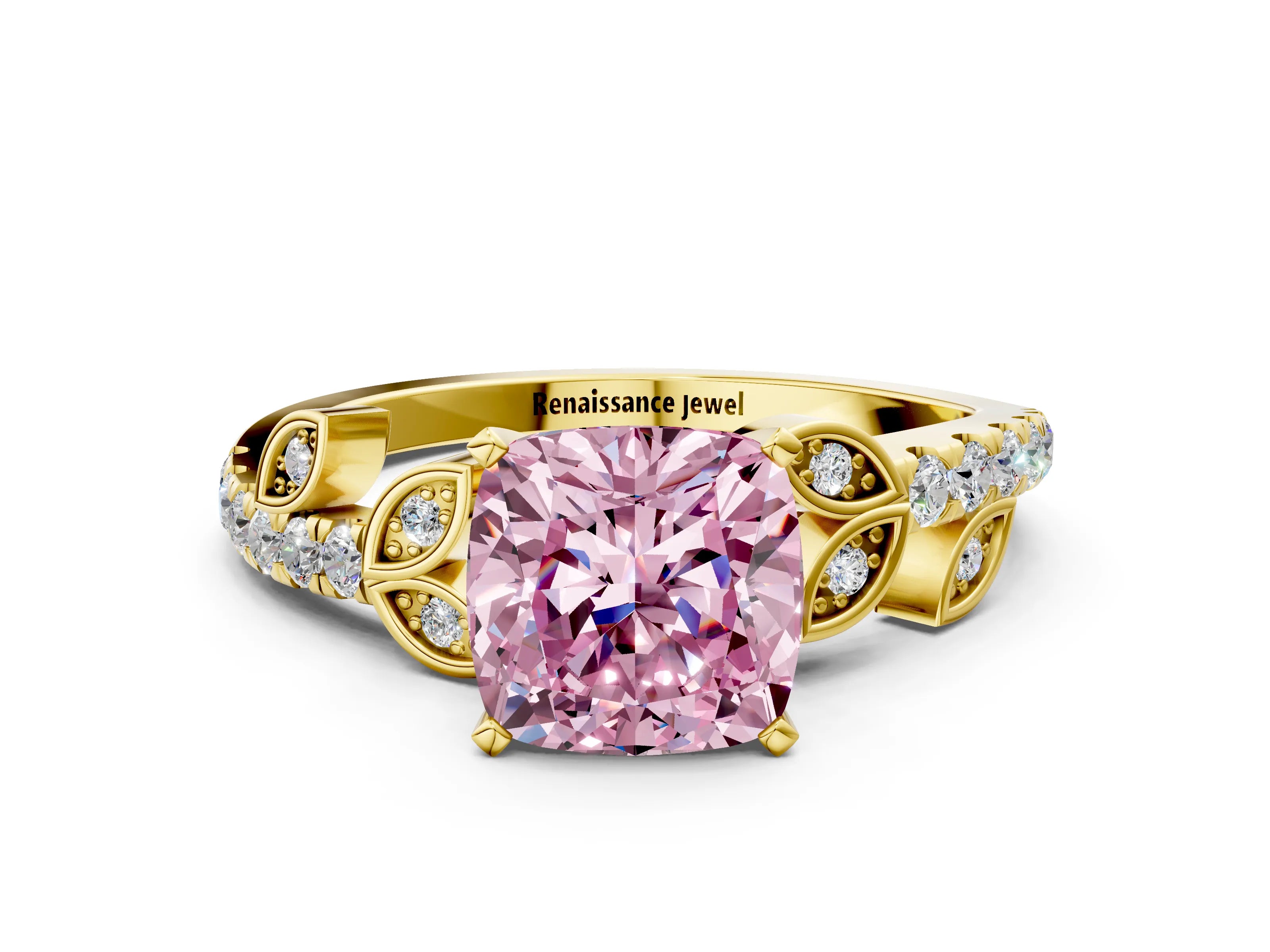 Yellow gold Fancy Pink Cushion Cut Solitaire Leaf-Inspired Diamond Ring with Pavé Band and Four-Prong Setting
