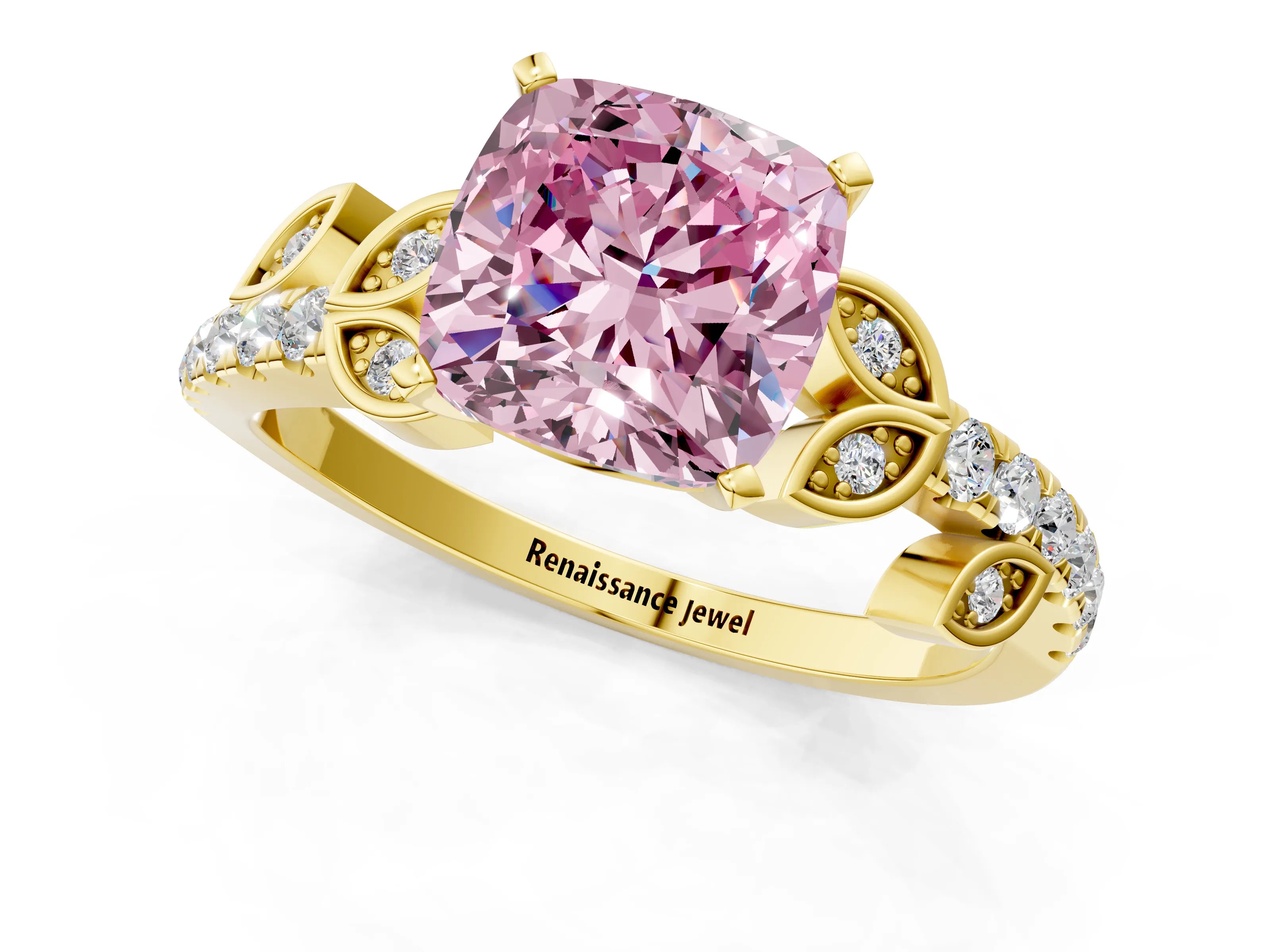 Yellow gold Fancy Pink Cushion Cut Solitaire Leaf-Inspired Diamond Ring with Pavé Band and Four-Prong Setting_1
