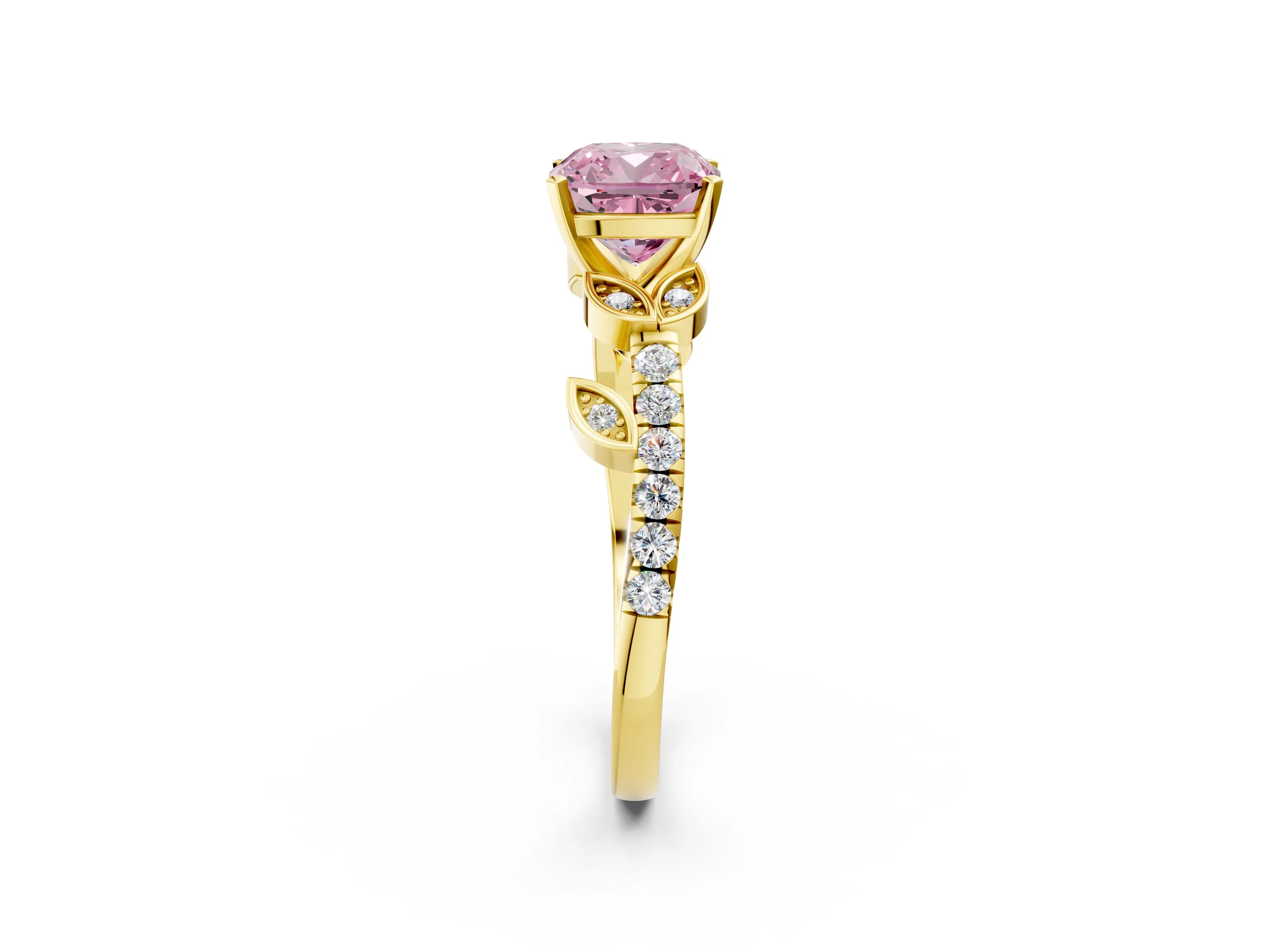 Yellow gold Fancy Pink Cushion Cut Solitaire Leaf-Inspired Diamond Ring with Pavé Band and Four-Prong Setting_2