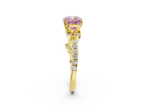 Yellow gold Fancy Pink Cushion Cut Solitaire Leaf-Inspired Diamond Ring with Pavé Band and Four-Prong Setting_2