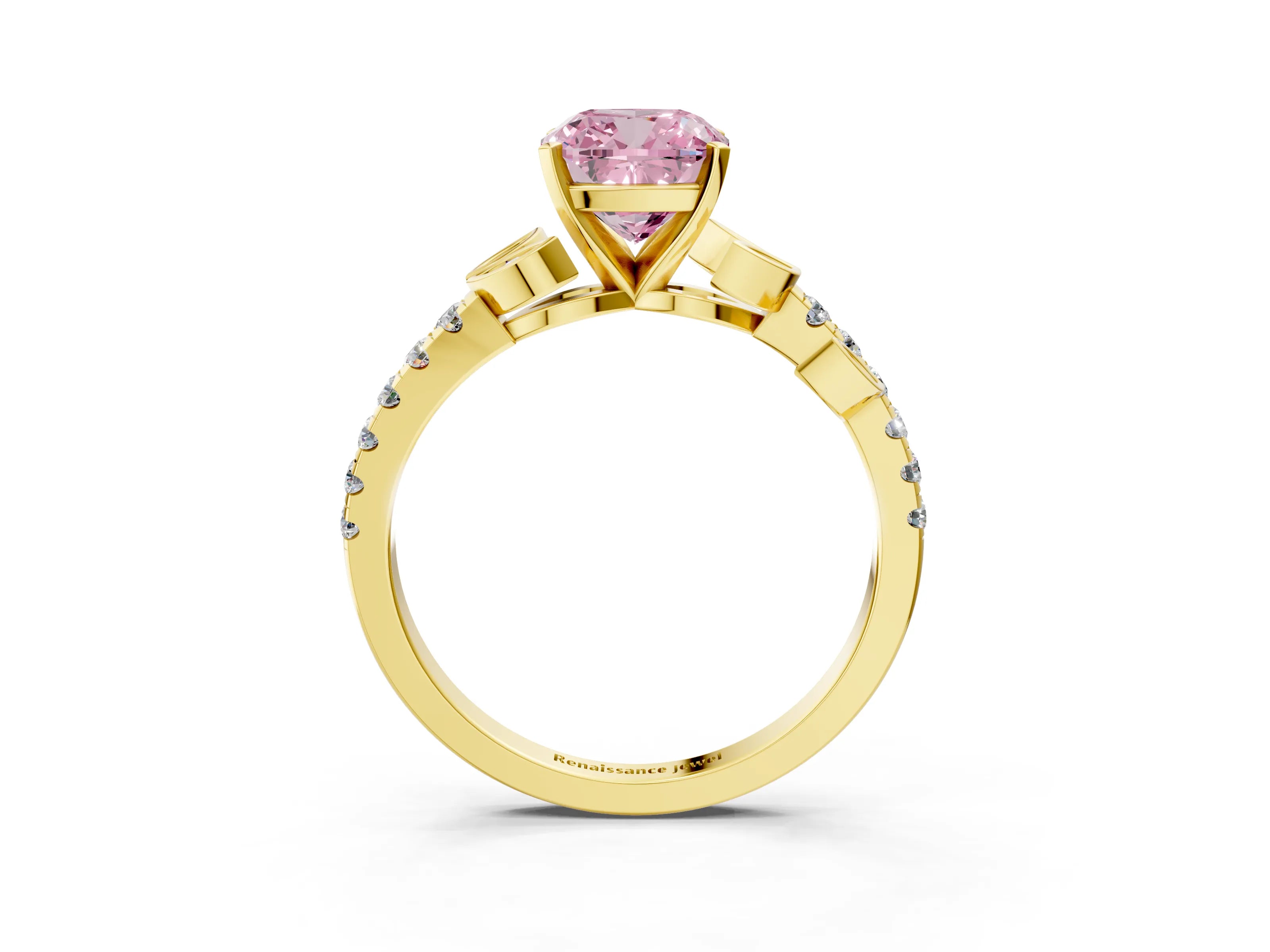 Yellow gold Fancy Pink Cushion Cut Solitaire Leaf-Inspired Diamond Ring with Pavé Band and Four-Prong Setting_3
