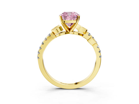 Yellow gold Fancy Pink Cushion Cut Solitaire Leaf-Inspired Diamond Ring with Pavé Band and Four-Prong Setting_3