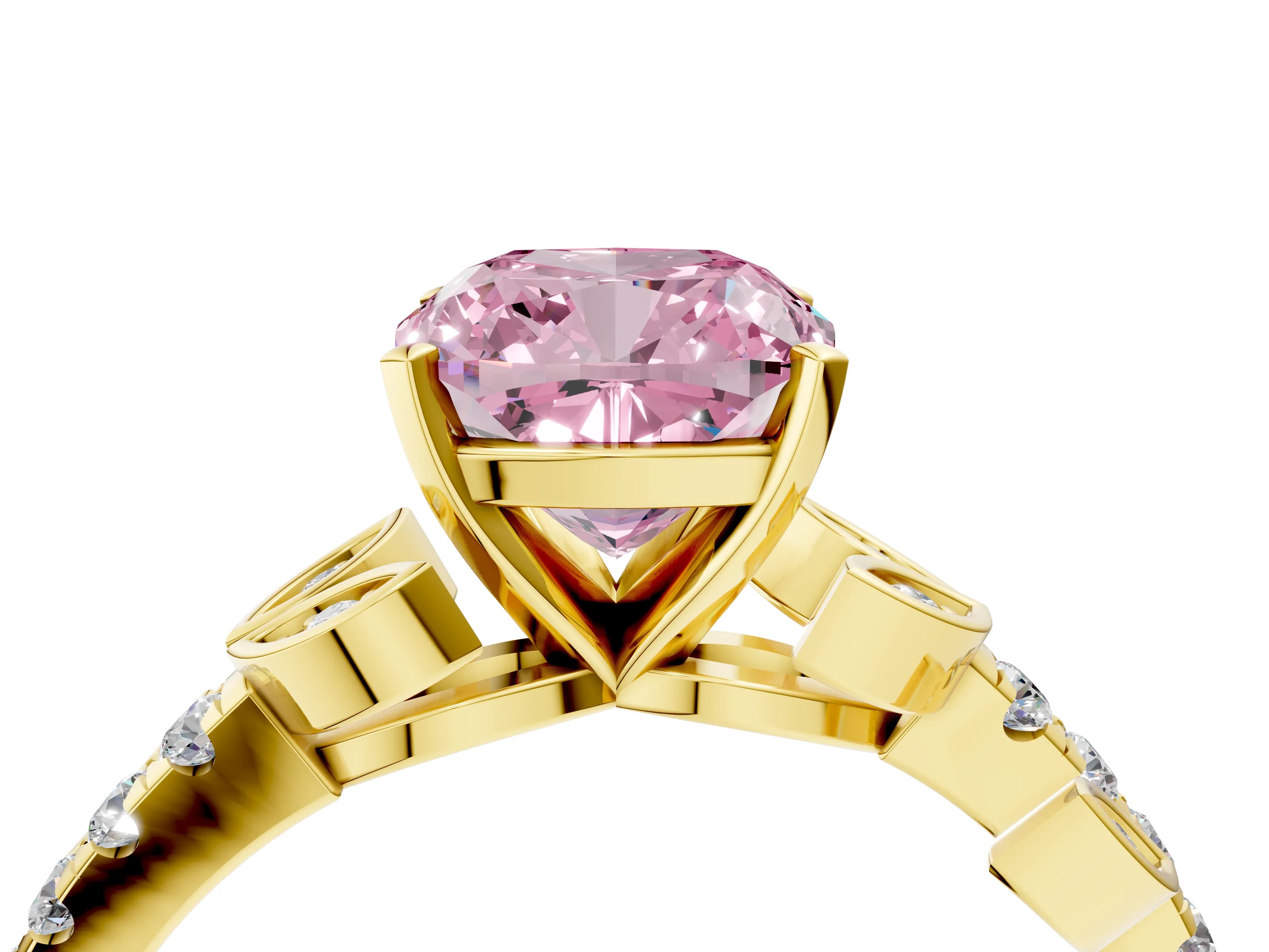 Yellow gold Fancy Pink Cushion Cut Solitaire Leaf-Inspired Diamond Ring with Pavé Band and Four-Prong Setting_4