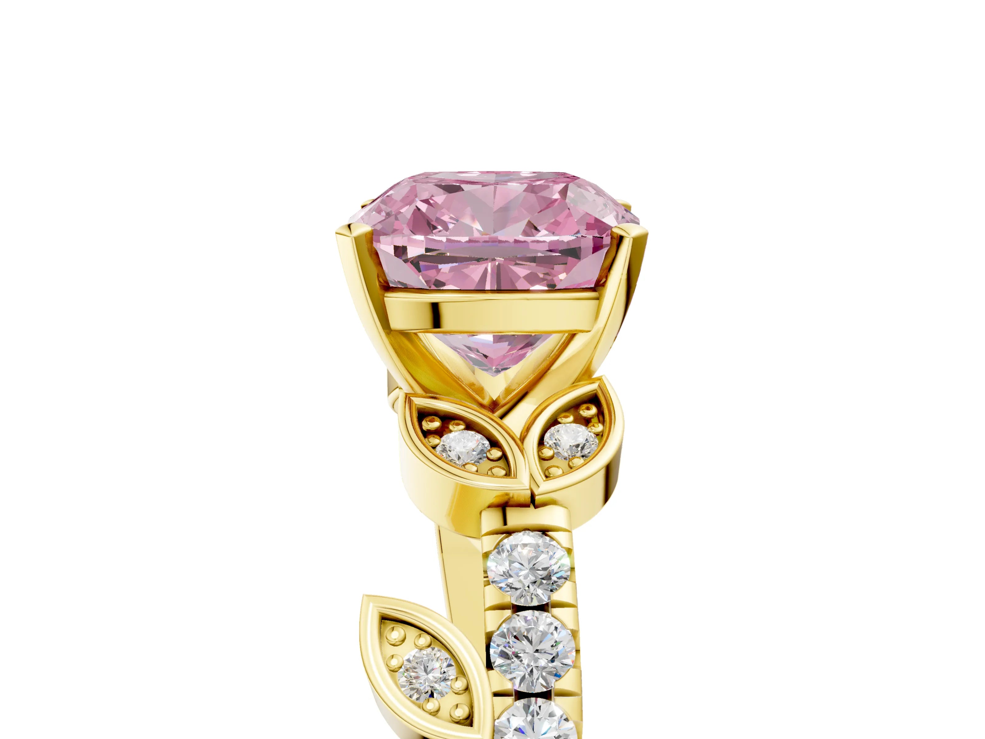 Yellow gold Fancy Pink Cushion Cut Solitaire Leaf-Inspired Diamond Ring with Pavé Band and Four-Prong Setting_5